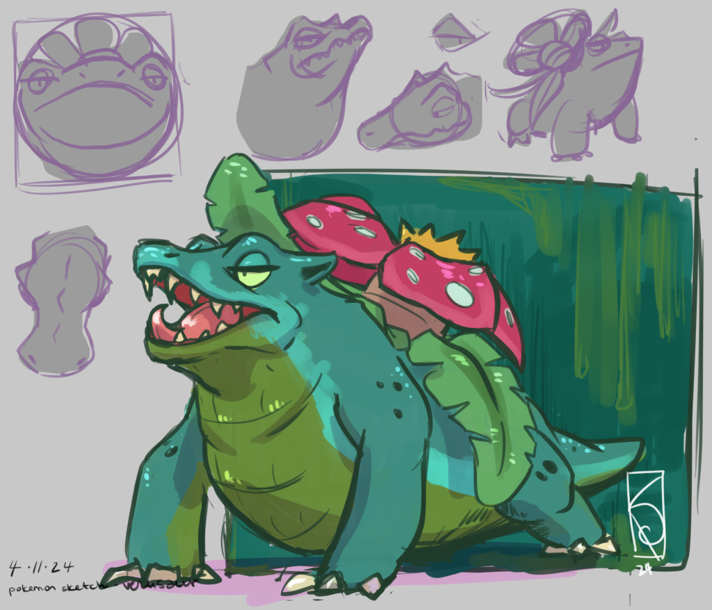 Venusaur, reimagined as a frog-gator-lizard-flower.